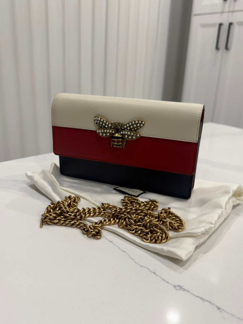 Gucci Queen Margaret Mini Crossbody Bag Tri-Color, Pearl Bee Clasp